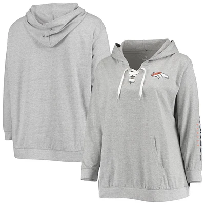 Women's Fanatics Heathered Gray Denver Broncos Plus Lace-Up Pullover Hoodie