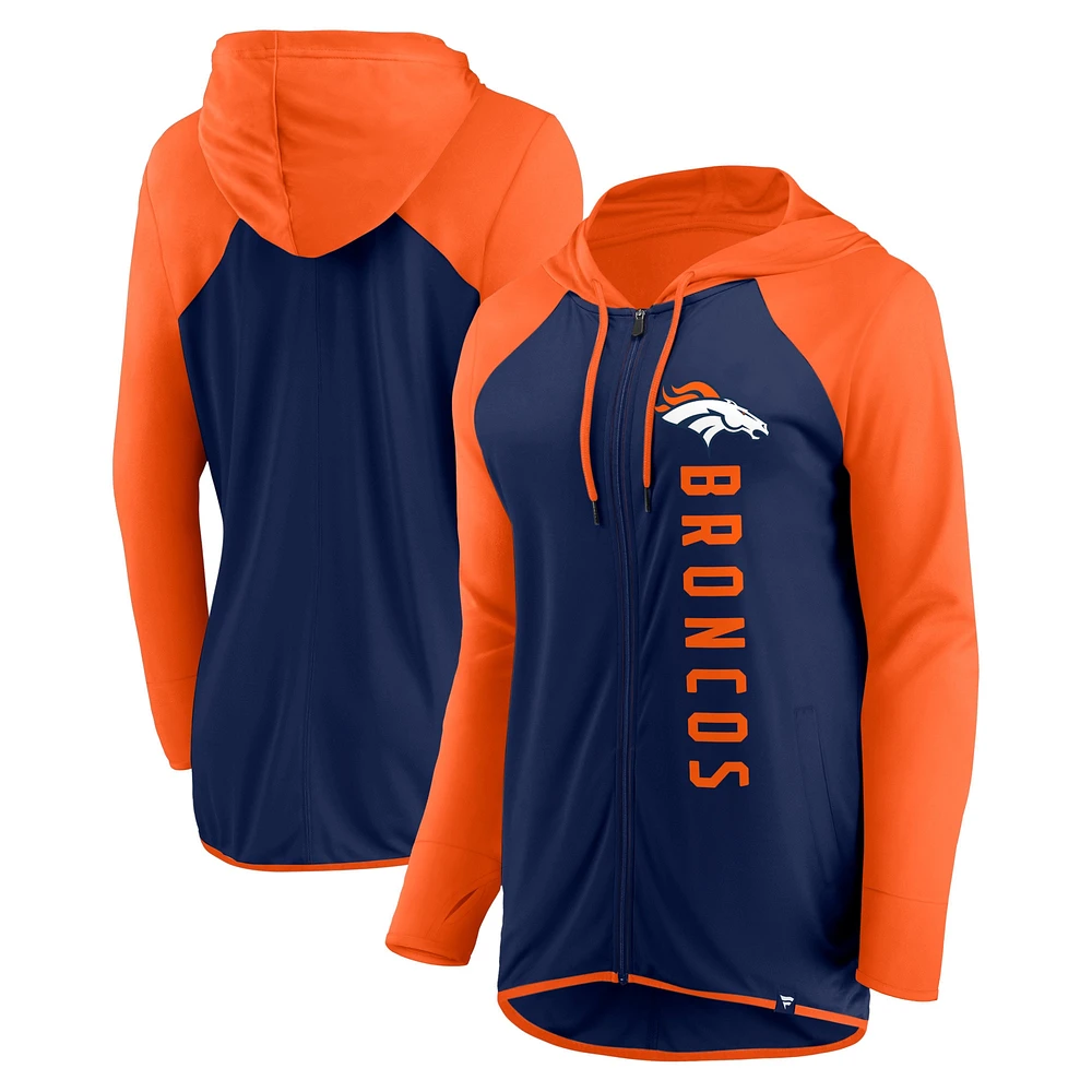 Sweat à capuche entièrement zippé Fanatics pour femmes bleu marine/orange Denver Broncos Forever Fan