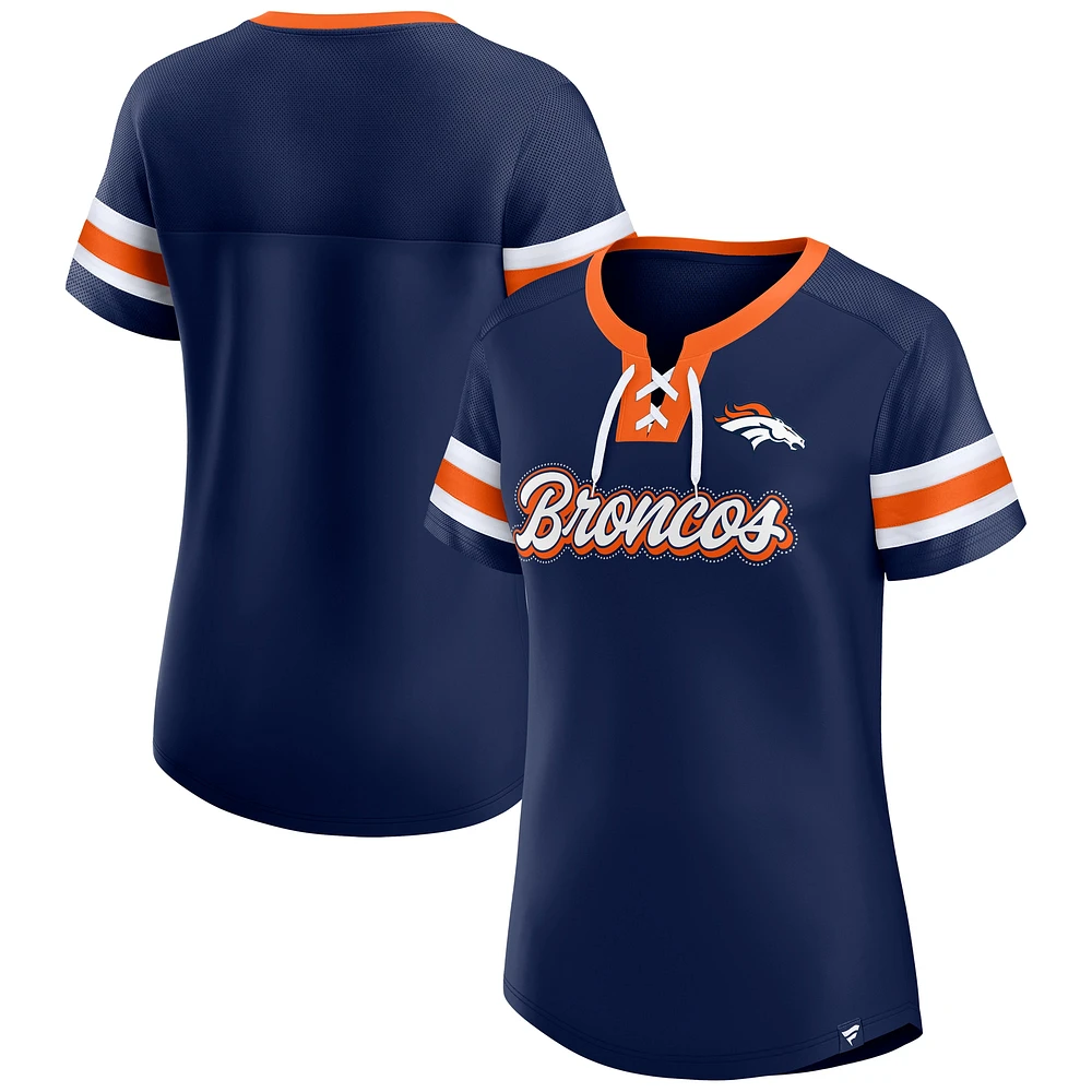 T-shirt à lacets et col en V emblématique Bling Athena de Denver Broncos pour femme Fanatics Navy