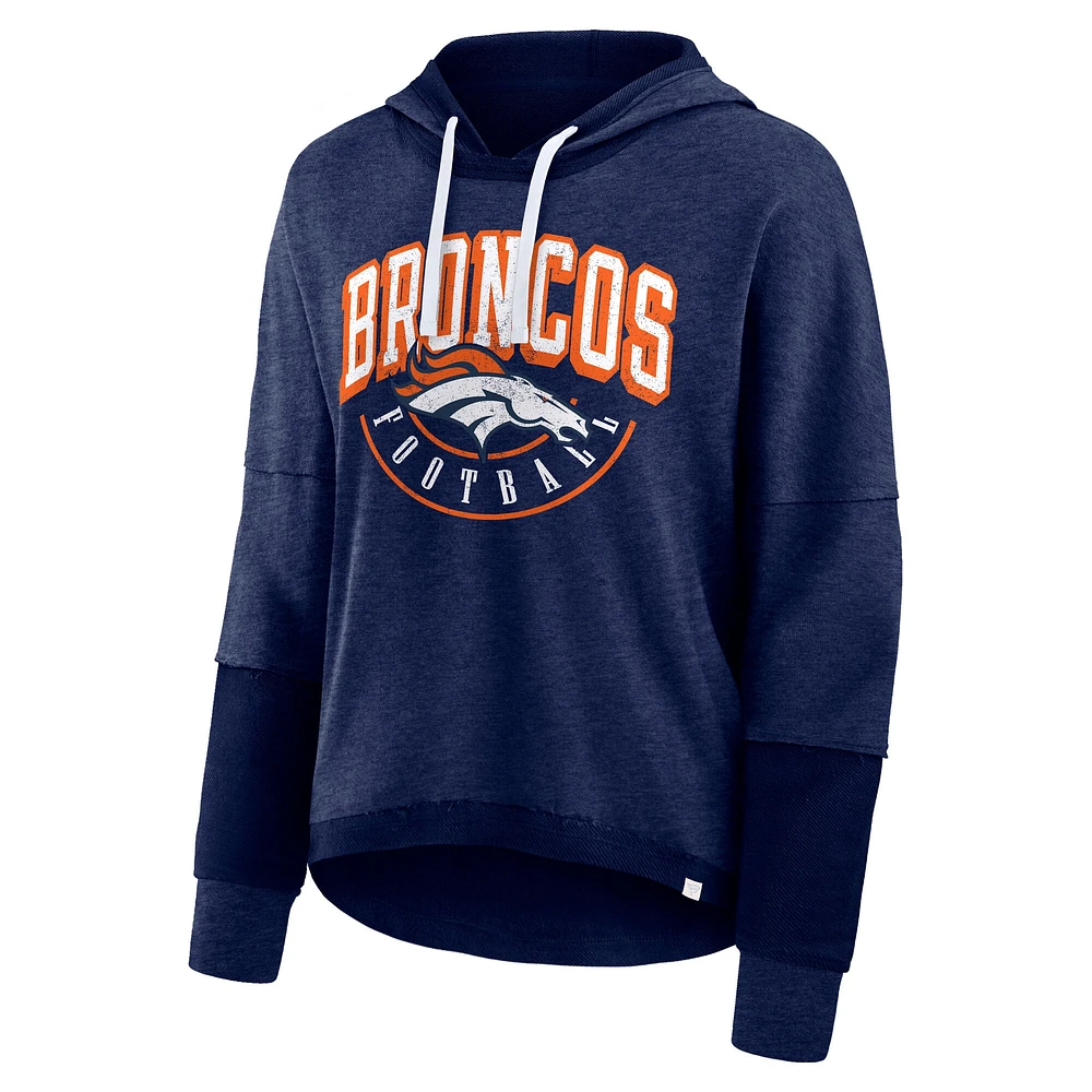 Women's Fanatics Navy Denver Broncos Lightewight Modest Crop Lounge Helmet Arch Pullover Hoodie