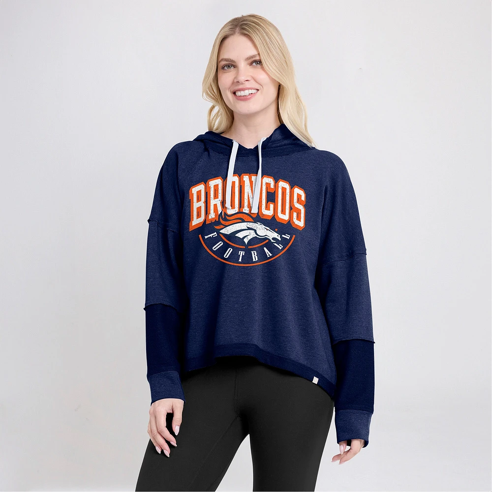 Women's Fanatics Navy Denver Broncos Lightewight Modest Crop Lounge Helmet Arch Pullover Hoodie