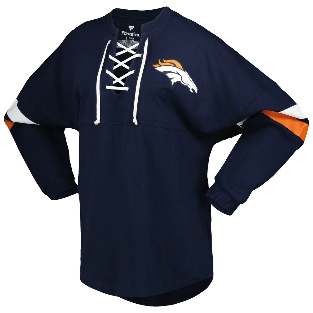 T-shirt à manches longues et col en V lacets Fanatics pour femmes, bleu marine, Denver Broncos Spirit Jersey