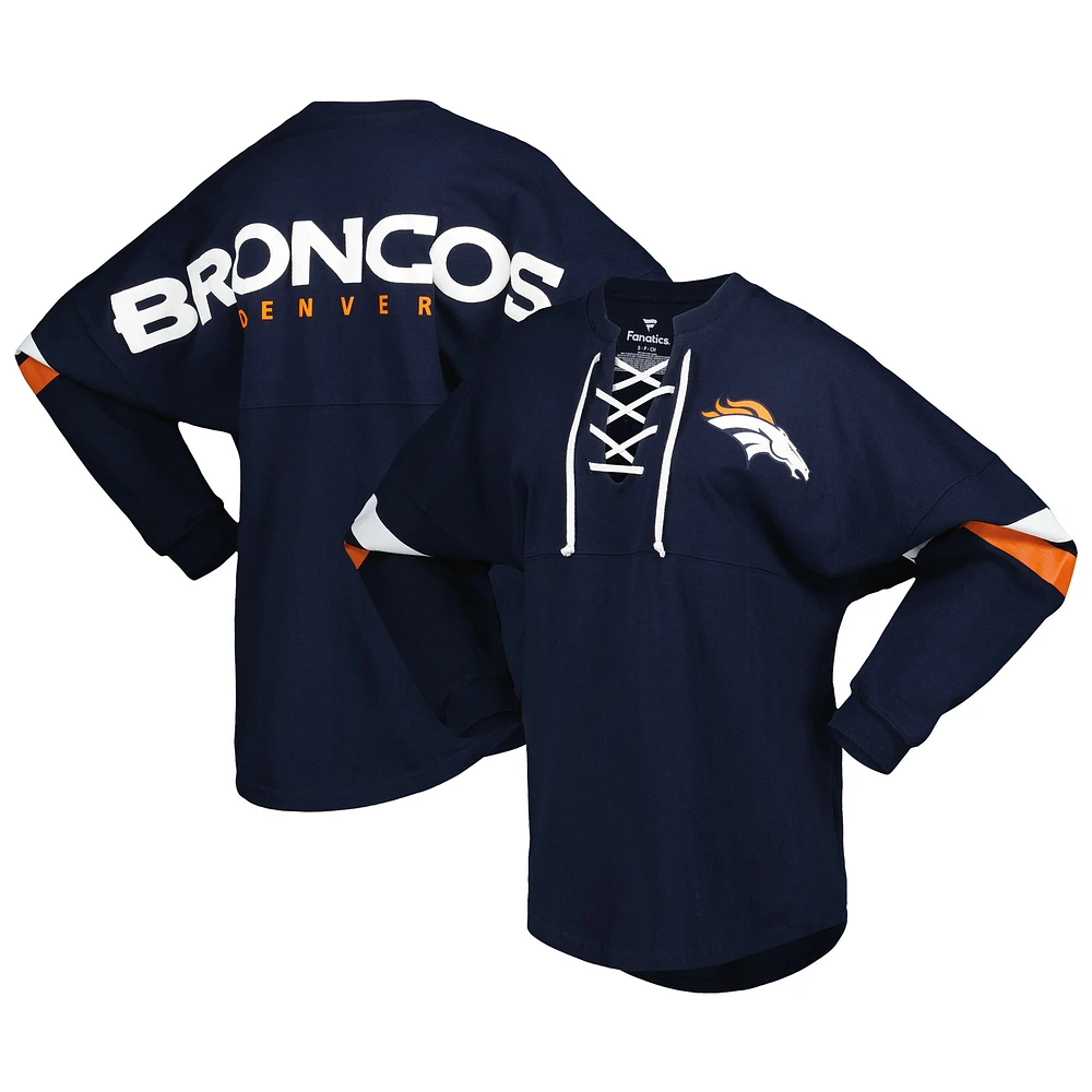 T-shirt à manches longues et col en V lacets Fanatics pour femmes, bleu marine, Denver Broncos Spirit Jersey