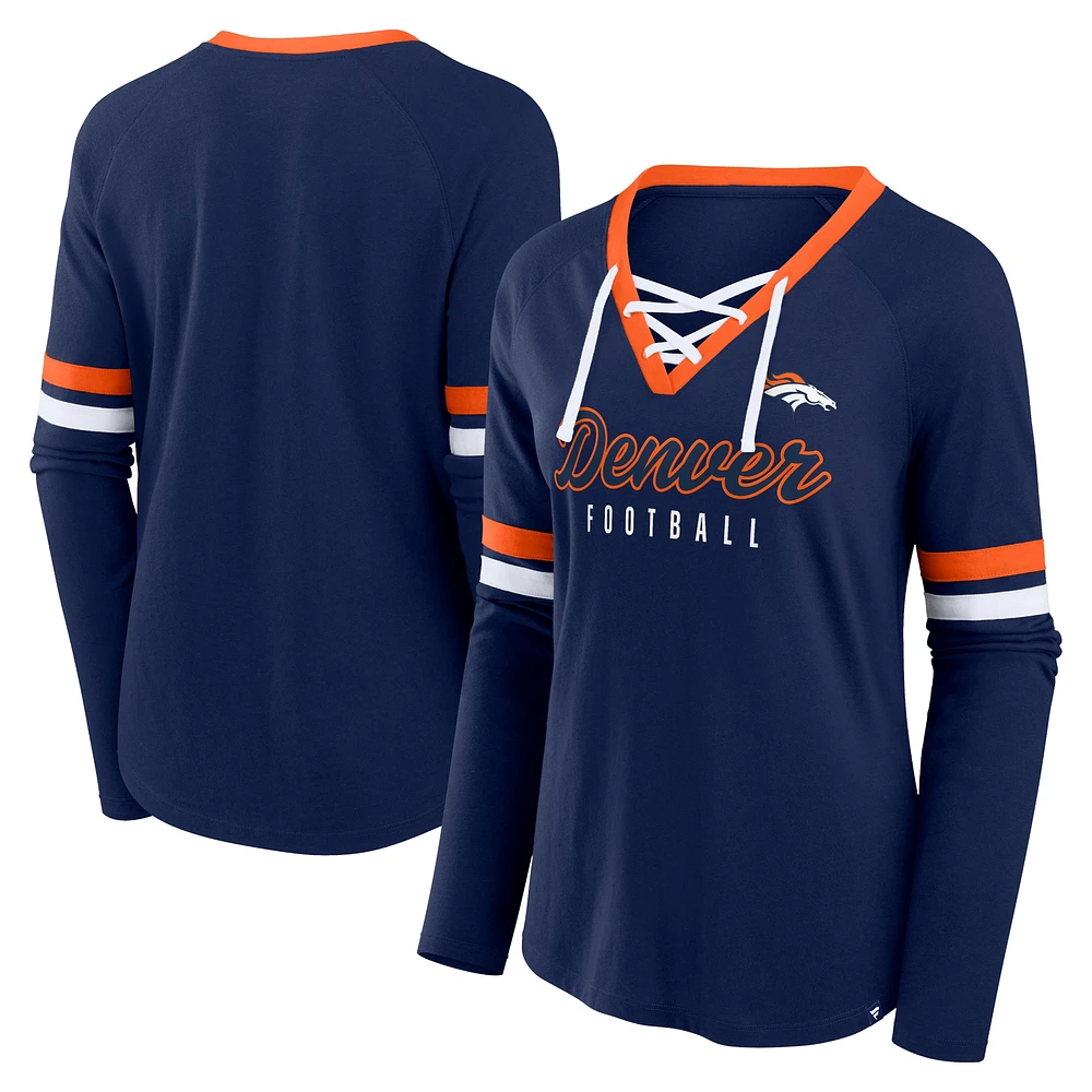 Women's Fanatics Navy Denver Broncos Won and Done Lace-Up Long Sleeve Fashion Top