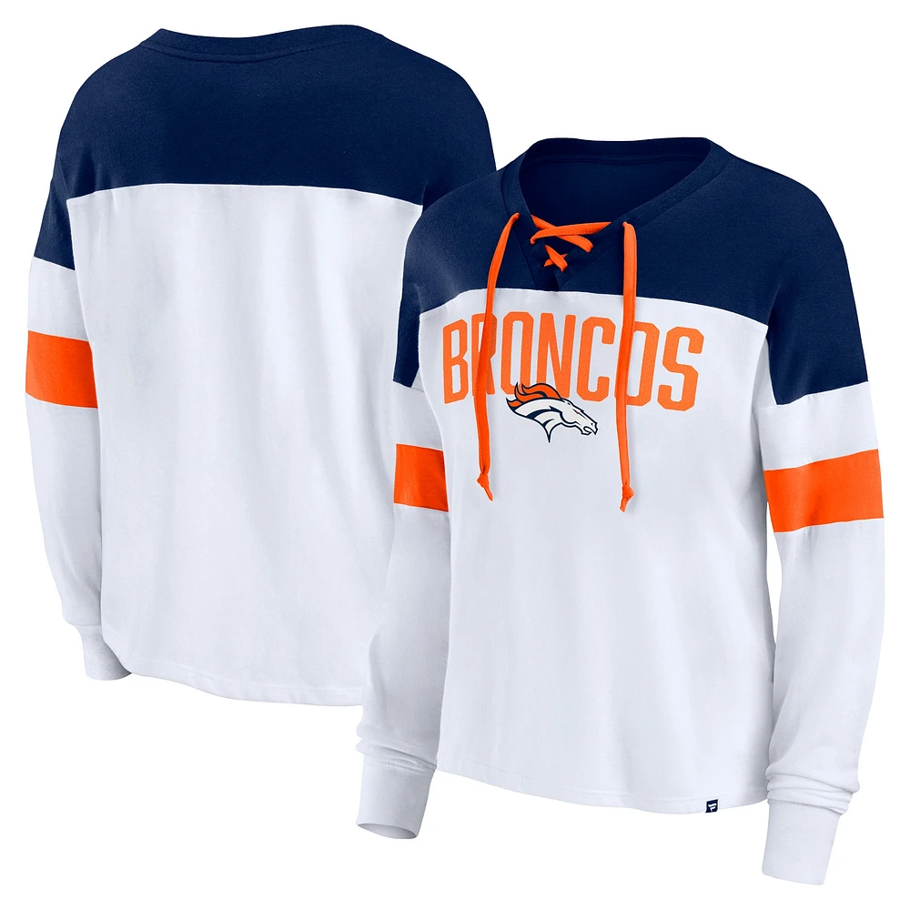 Women's Fanatics White/Navy Denver Broncos Even Match Lace-Up Long Sleeve V-Neck T-Shirt