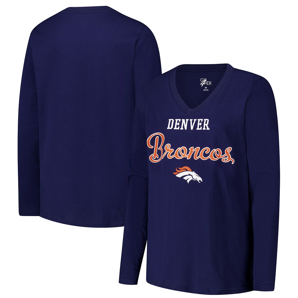 T-shirt à manches longues et col en V pour femme G-III 4Her by Carl Banks Navy Denver Broncos Post Season