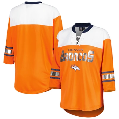 T-shirt à lacets manches 3/4 pour femme G-III 4Her by Carl Banks Orange/Blanc Denver Broncos