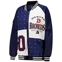 Women's Gameday Couture  Navy/White Denver Broncos Oversized Hot Shot Rhinestone Throwback Full-Snap Varsity Bomber Jacket