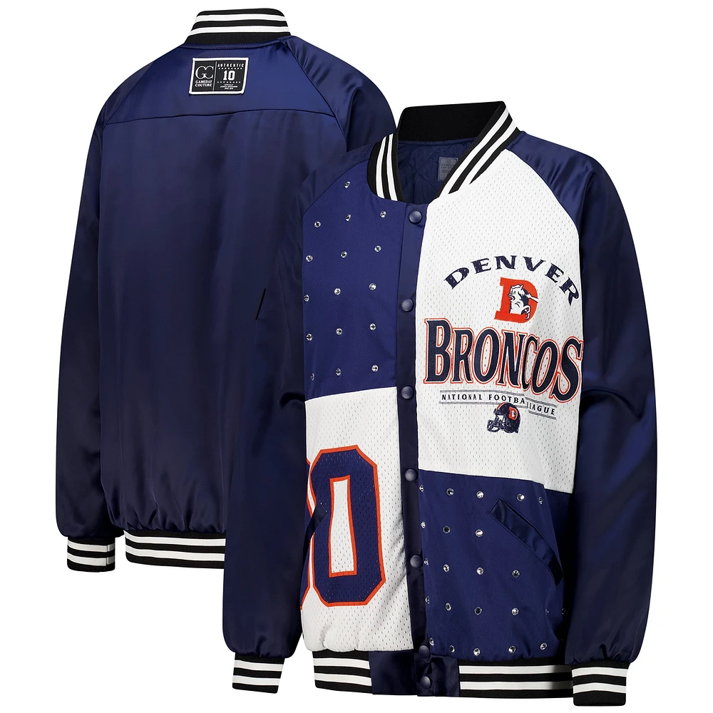 Veste bomber surdimensionnée à boutons-pression et strass pour femme Gameday Couture bleu marine/blanc Denver Broncos