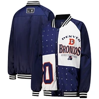 Women's Gameday Couture  Navy/White Denver Broncos Oversized Hot Shot Rhinestone Throwback Full-Snap Varsity Bomber Jacket