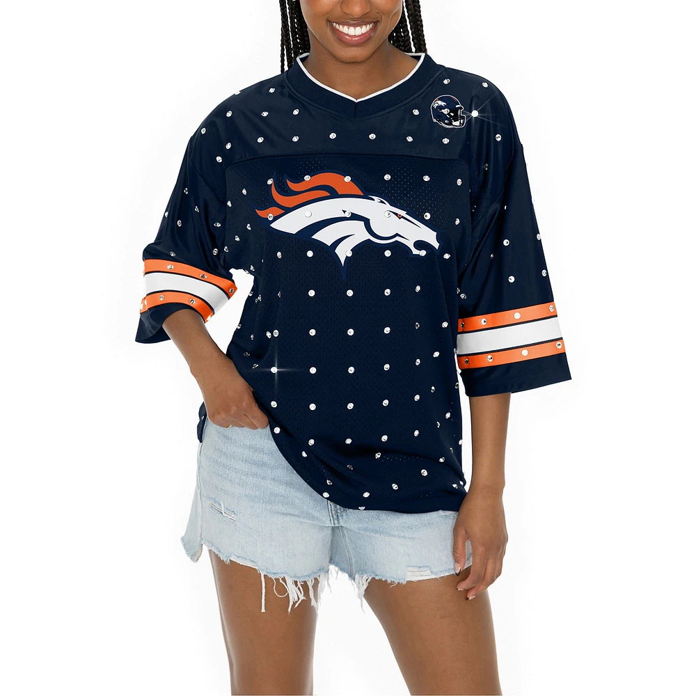 T-shirt à col en V jersey rayures sportives et strass pour femme, bleu marine, Gameday Couture, Denver Broncos Kickoff Time