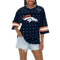 Women's Gameday Couture Navy Denver Broncos Kickoff Time Allover Rhinestone Sports Stripe Jersey V-Neck T-Shirt