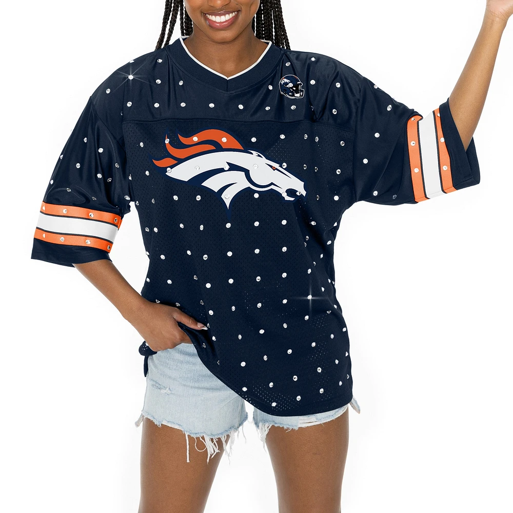 T-shirt à col en V jersey rayures sportives et strass pour femme, bleu marine, Gameday Couture, Denver Broncos Kickoff Time