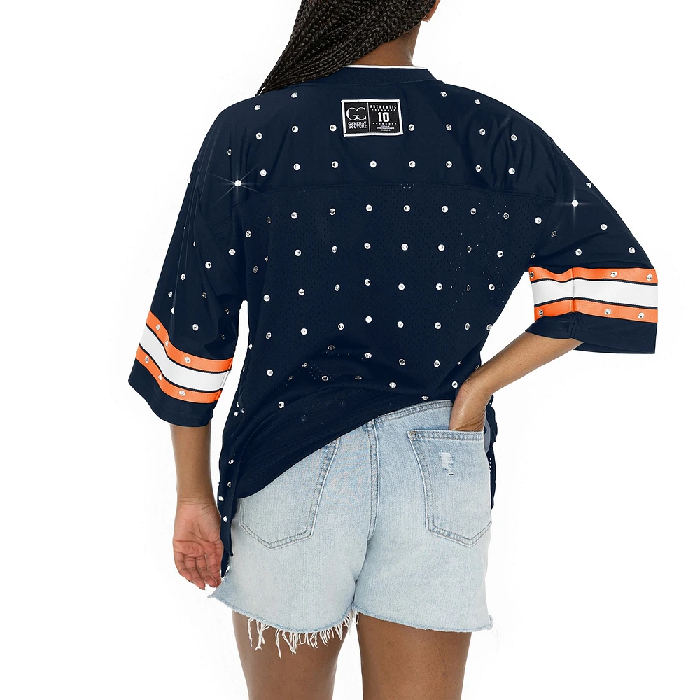 T-shirt à col en V jersey rayures sportives et strass pour femme, bleu marine, Gameday Couture, Denver Broncos Kickoff Time