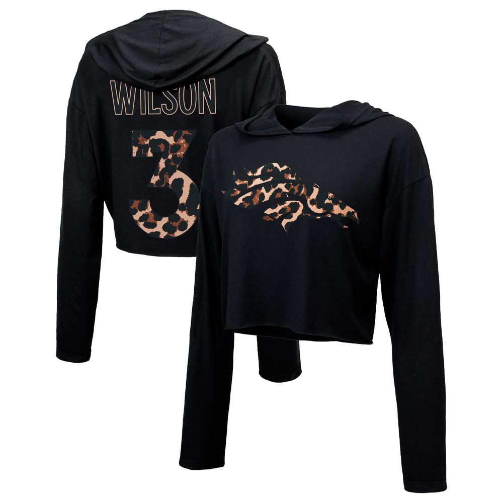 Women's Majestic Threads Russell Wilson Black Denver Broncos Leopard Player Name & Number Long Sleeve Cropped Hoodie