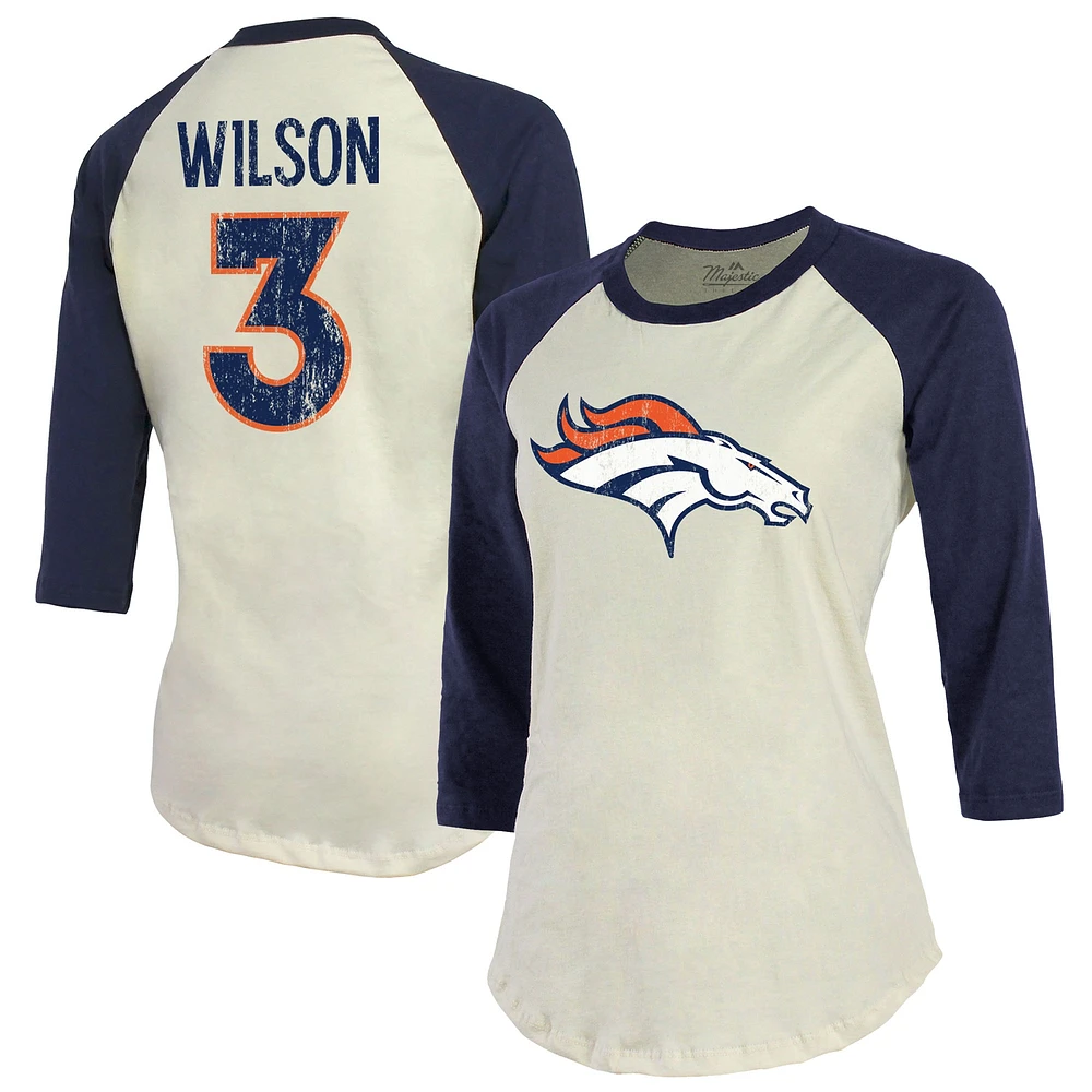 T-shirt Majestic Threads Russell Wilson crème Denver Broncos pour femmes, nom et numéro du joueur, triple mélange, à manches trois-quarts