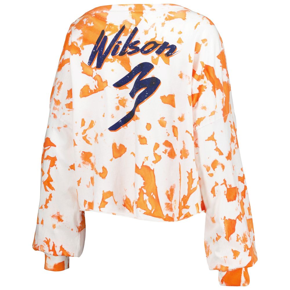 Women's Majestic Threads Russell Wilson White/Orange Denver Broncos Off-Shoulder Tie-Dye Name & Number Cropped Long Sleeve V-Neck T-Shirt