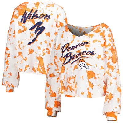 Women's Majestic Threads Russell Wilson White/Orange Denver Broncos Off-Shoulder Tie-Dye Name & Number Cropped Long Sleeve V-Neck T-Shirt