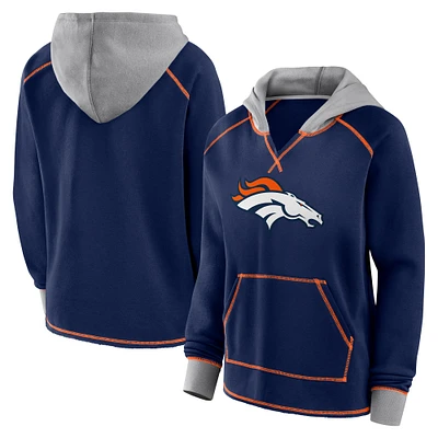 Women's Navy Denver Broncos Boom Fleece Pullover V-Neck Hoodie