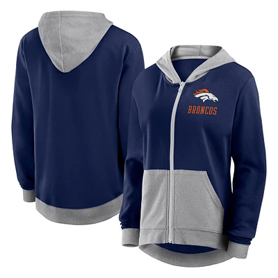 Sweat à capuche entièrement zippé bleu marine Denver Broncos Hit It French Terry pour femme