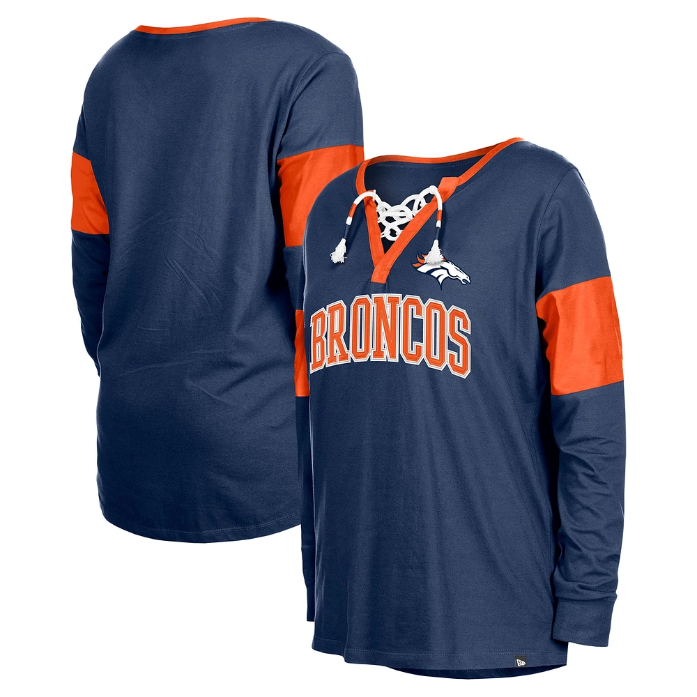 Women's New Era Navy Denver Broncos Lace-Up Notch-Neck Long Sleeve T-Shirt