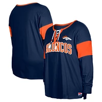 T-shirt à manches longues lacets et col cranté New Era pour femme, bleu marine, Denver Broncos, grande taille