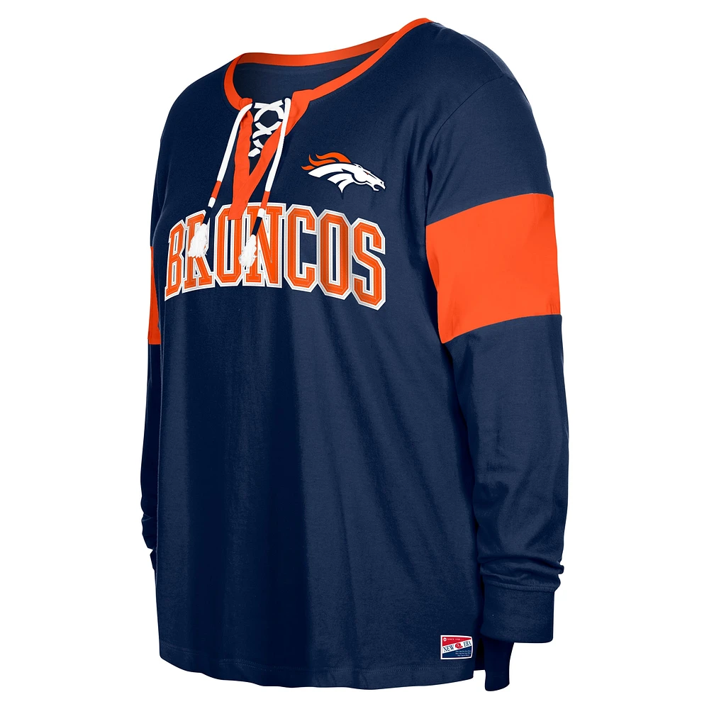 T-shirt à manches longues lacets et col cranté New Era pour femme, bleu marine, Denver Broncos, grande taille