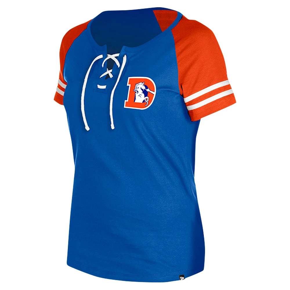 T-shirt raglan à lacets New Era Royal Denver Broncos Throwback pour femme