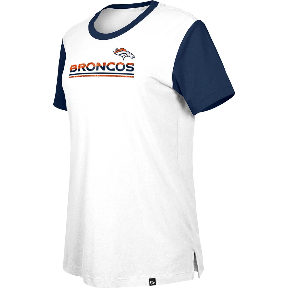 T-shirt à couleurs contrastées des Broncos de Denver New Era pour femme, blanc/bleu marine