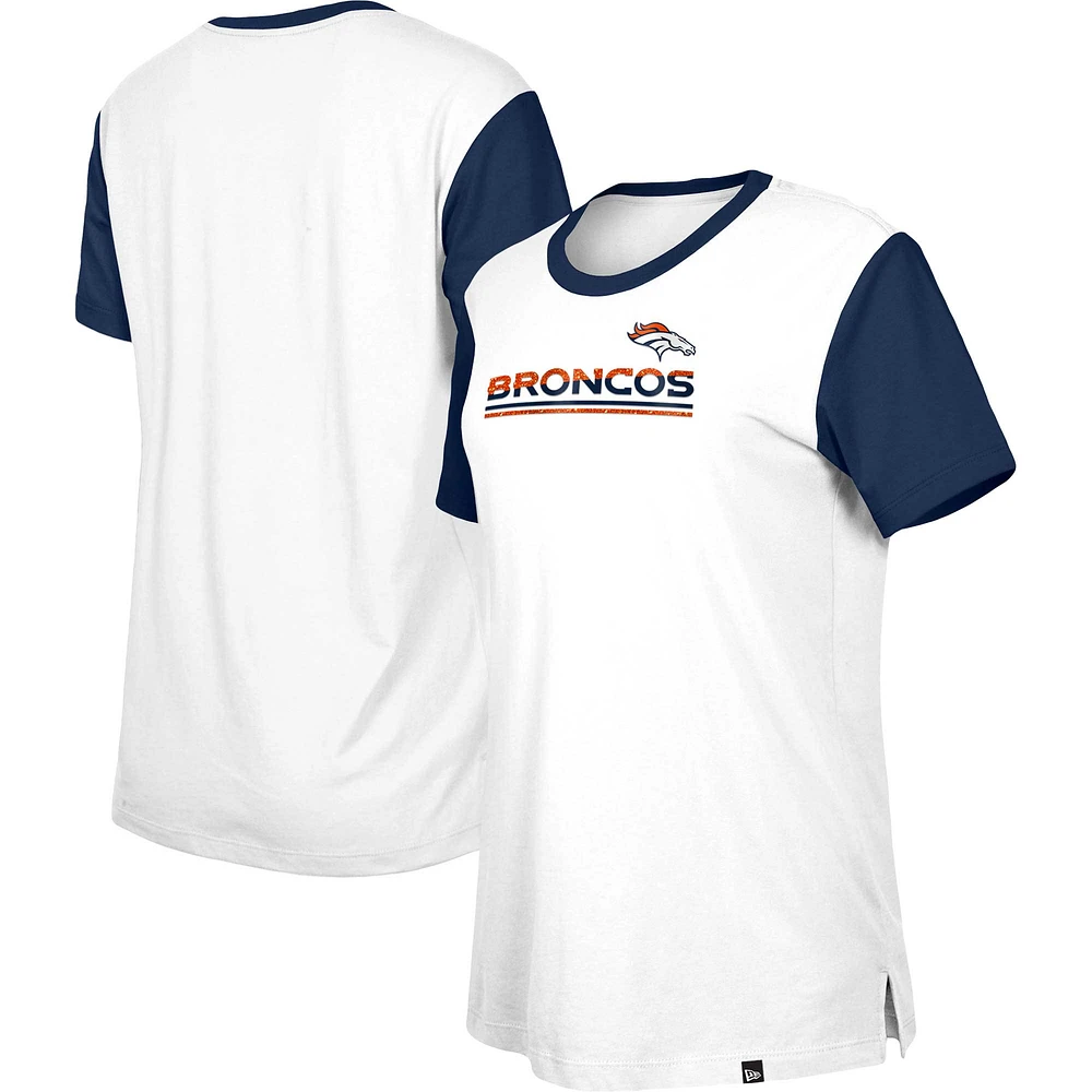 Women's New Era  White/Navy Denver Broncos Third Down Colorblock T-Shirt