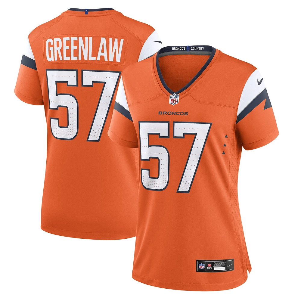 Maillot de match Nike Dre Greenlaw orange des Denver Broncos pour femme