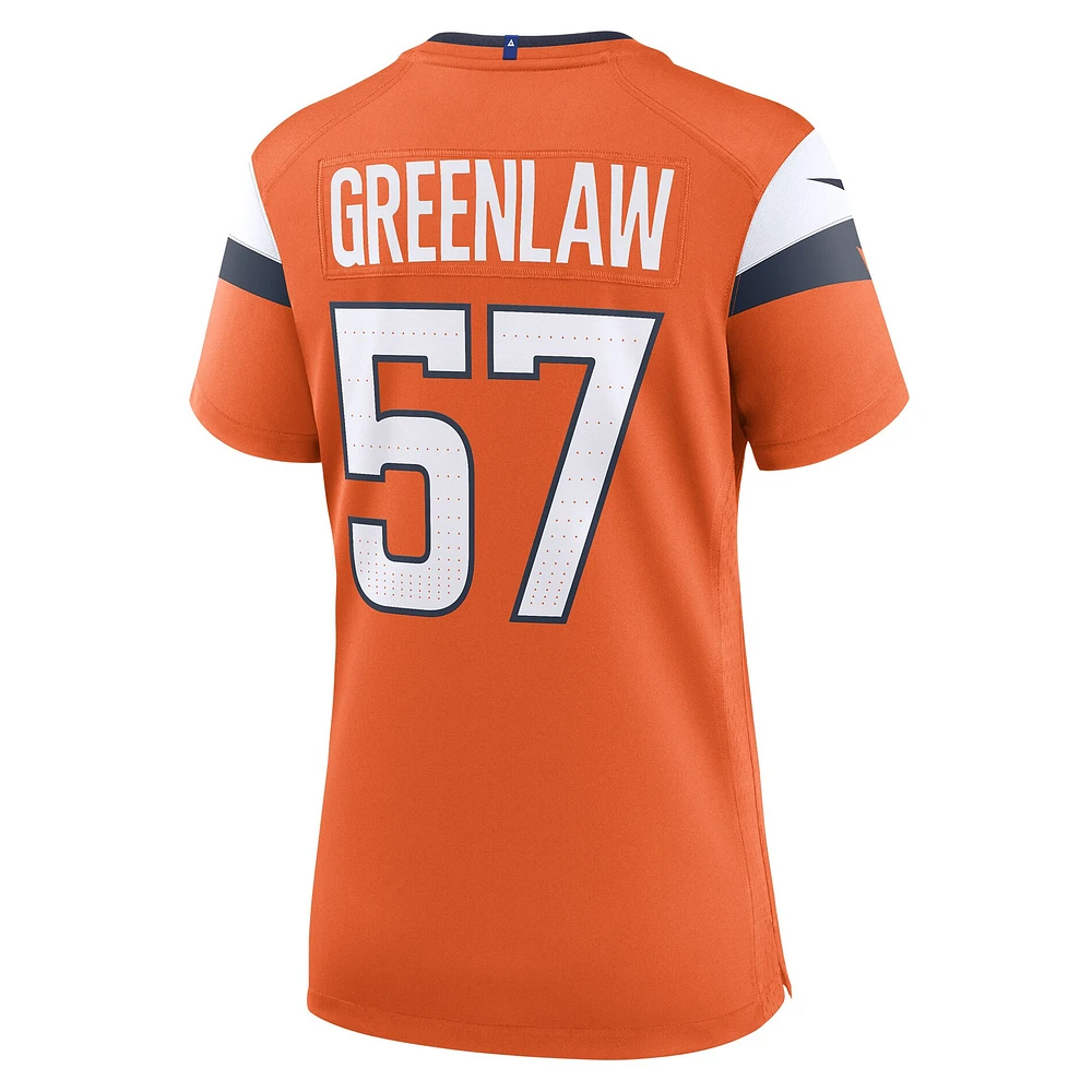 Maillot de match Nike Dre Greenlaw orange des Denver Broncos pour femme