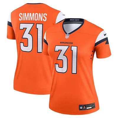 Haut Nike Justin Simmons Orange Denver Broncos Team Legend Player Performance pour femme