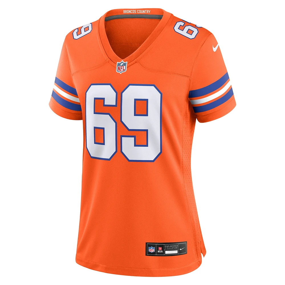 Maillot de match joueur retraité Nike Mark Schlereth pour femme, orange Denver Broncos Mile High Collection 1977