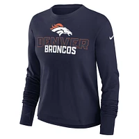 T-shirt à manches longues Nike pour femmes, bleu marine, Denver Broncos, Modest Crop Performance