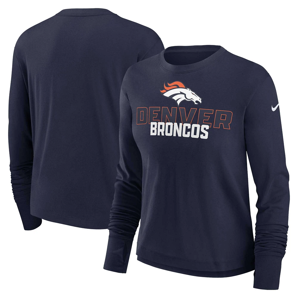 T-shirt à manches longues Nike pour femmes, bleu marine, Denver Broncos, Modest Crop Performance