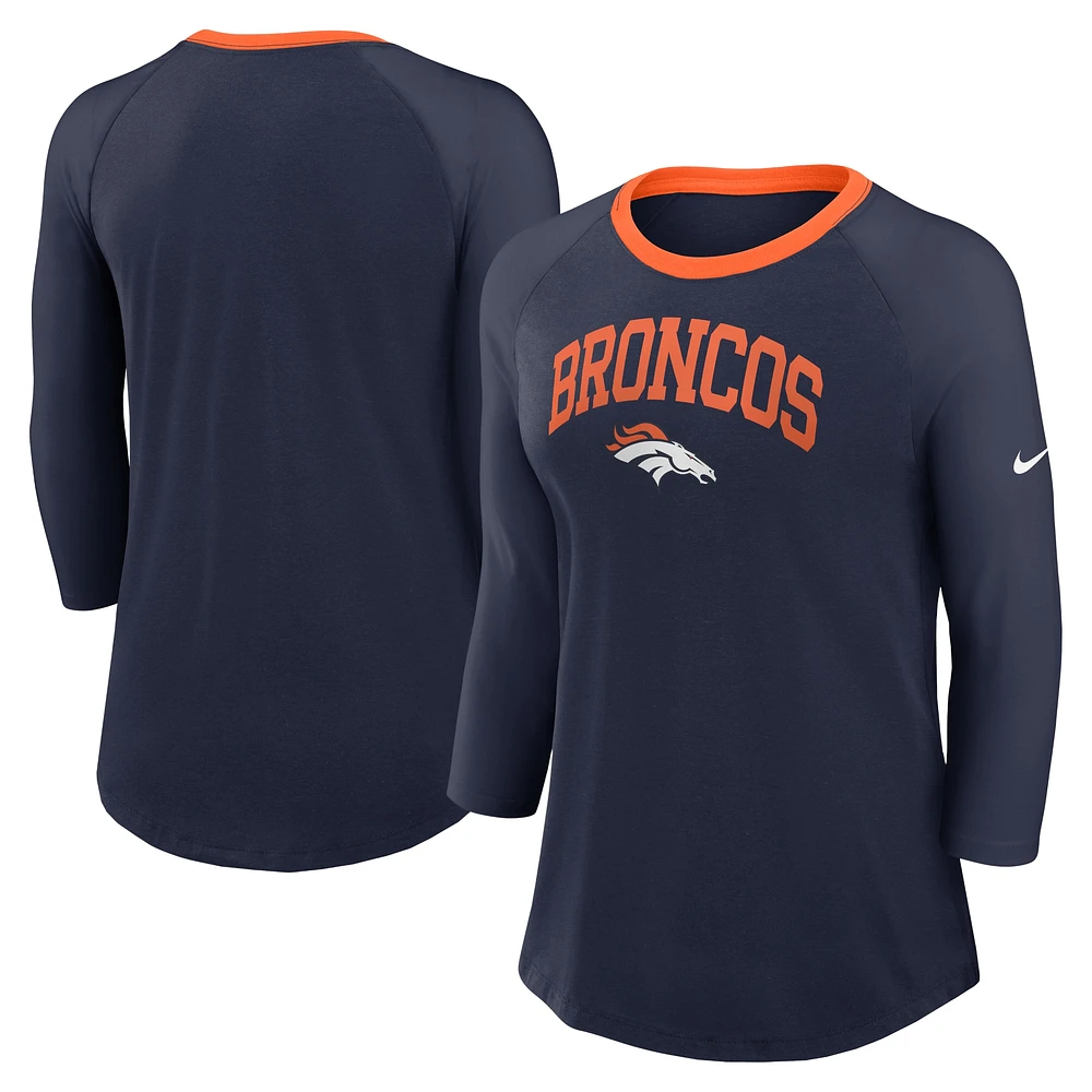 T-shirt à manches 3/4 Nike bleu marine Denver Broncos Raglan pour femme