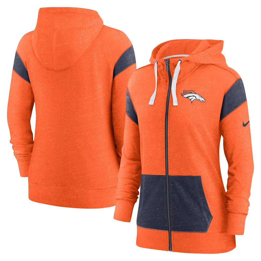 Sweat à capuche léger entièrement zippé Denver Broncos Monaco Nike pour femme orange/bleu marine