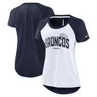 T-shirt à manches raglan découpes dans le dos des Denver Broncos Nike pour femme, blanc/bleu marine chiné