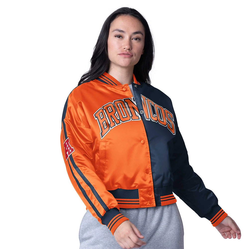 Veste courte en satin à boutons-pression Starter Orange/Navy Denver Broncos Zone Blitz pour femme