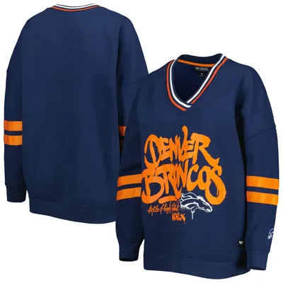 Denver Broncos The Wild Collective Women's Vintage V-Neck Pullover Sweatshirt - Navy