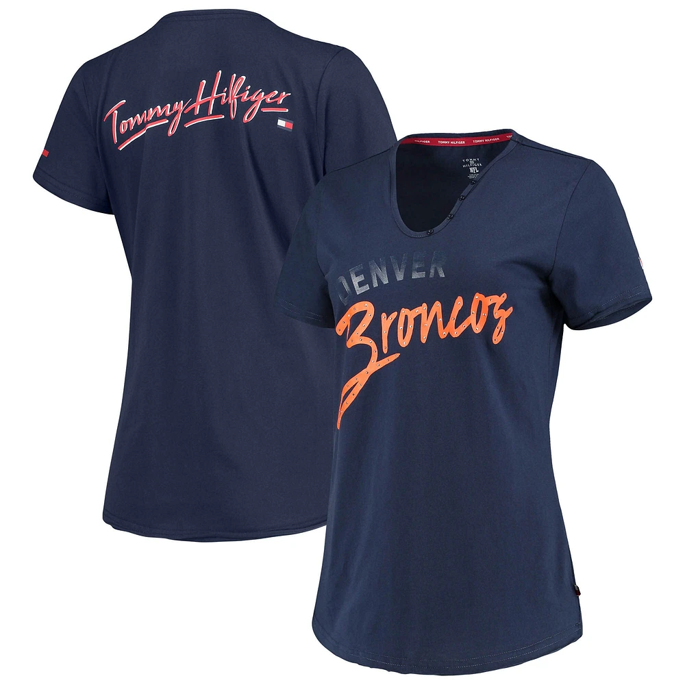T-shirt à col en V Tommy Hilfiger pour femme bleu marine Denver Broncos Riley