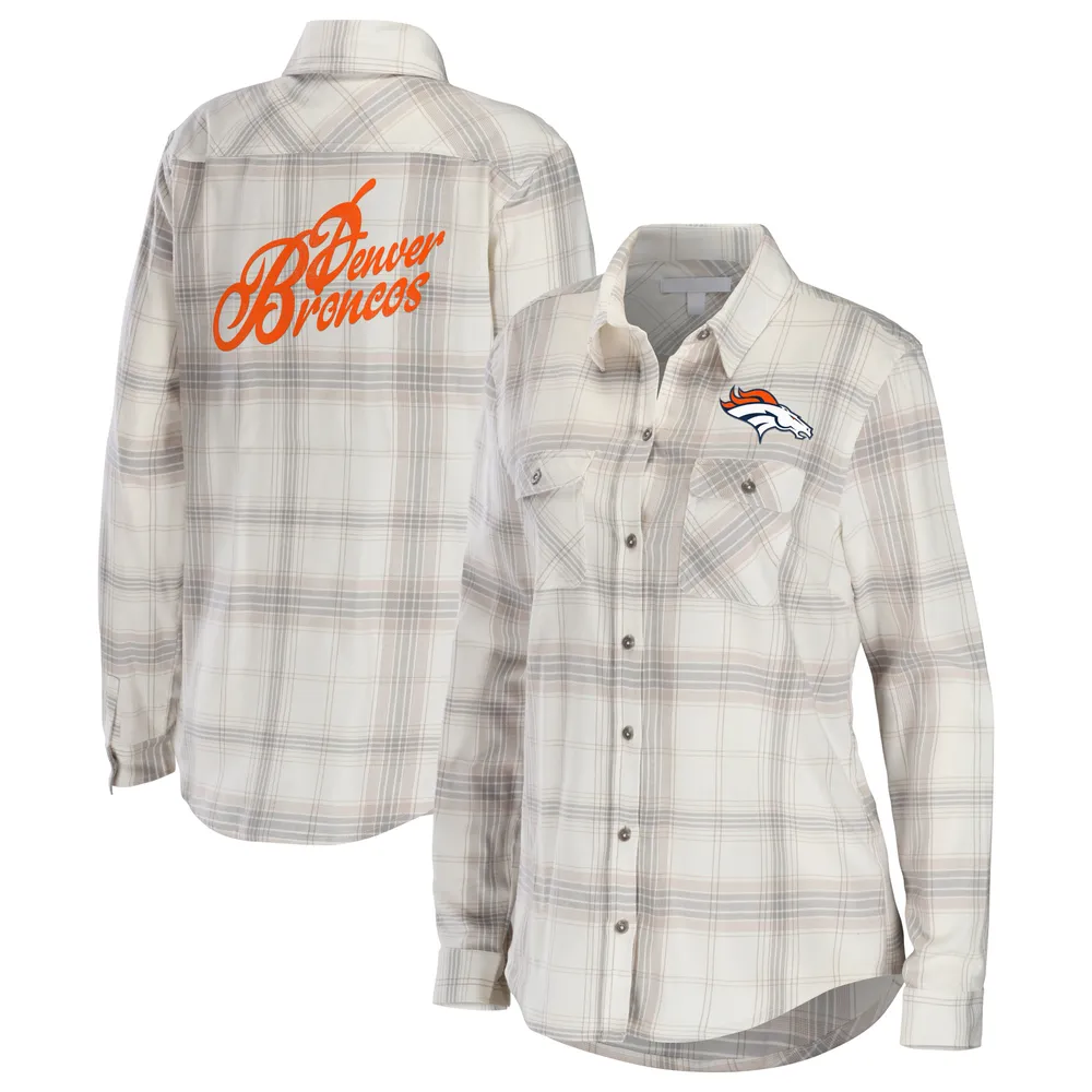 WEAR by Erin Andrews Women's WEAR by Erin Andrews Cream/Gray Denver Broncos  Plaid Flannel Tri-Blend Long Sleeve Button-Up Shirt