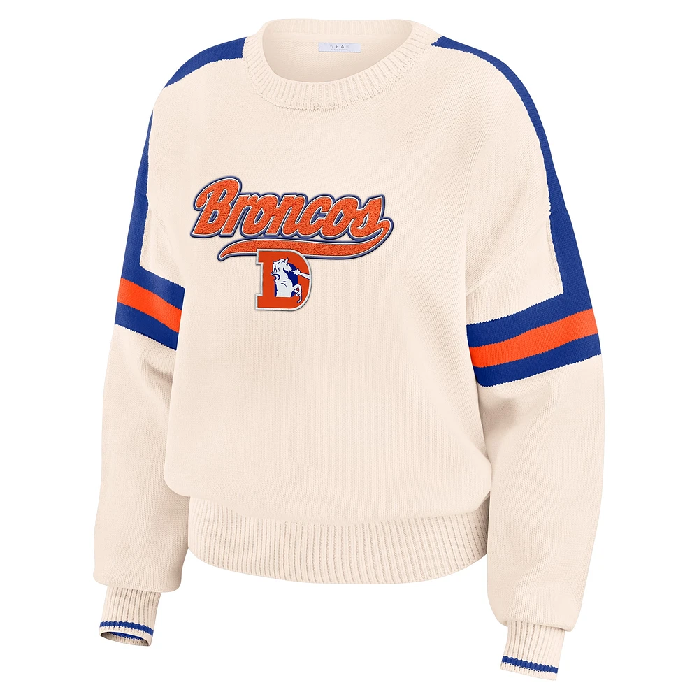 Women's WEAR by Erin Andrews  Cream Denver Broncos Stripe Pullover Sweater