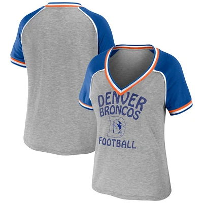 Women's WEAR by Erin Andrews Heather Gray Denver Broncos Cropped Raglan Throwback V-Neck T-Shirt