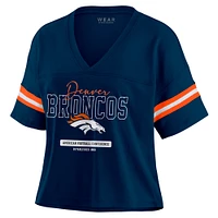 Women's WEAR by Erin Andrews Navy Denver Broncos Color Block Boxy Modest Crop V-Neck T-Shirt