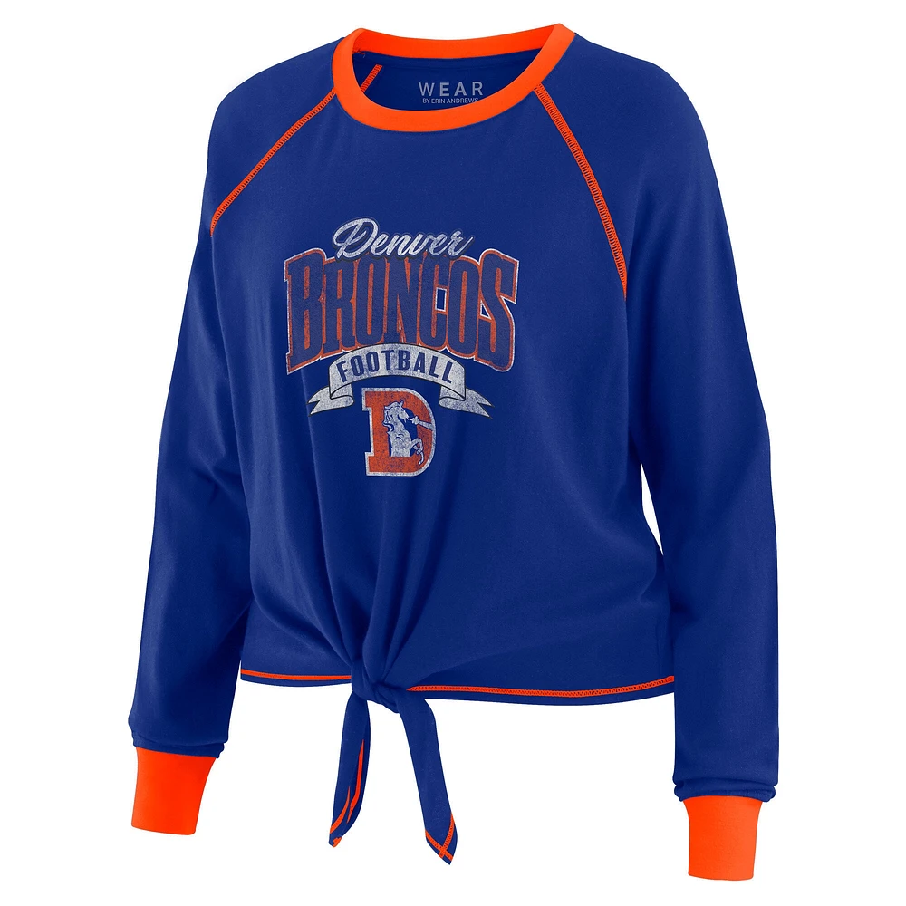 Women's WEAR by Erin Andrews Royal/Orange Denver Broncos Plus Tie-Front Long Sleeve Top