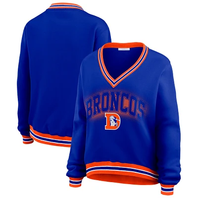 Women's WEAR by Erin Andrews Royal Denver Broncos Oversized Long Sleeve V-Neck Sweatshirt