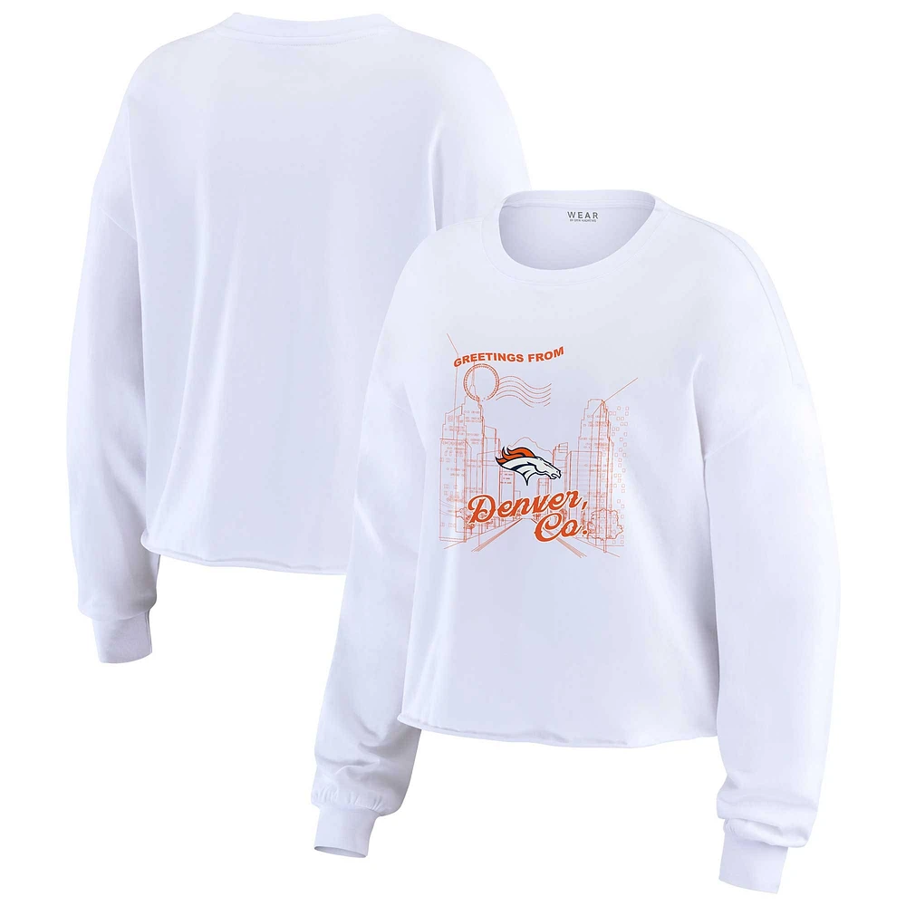 Women's WEAR by Erin Andrews White Denver Broncos Postcard Cropped Long Sleeve Top