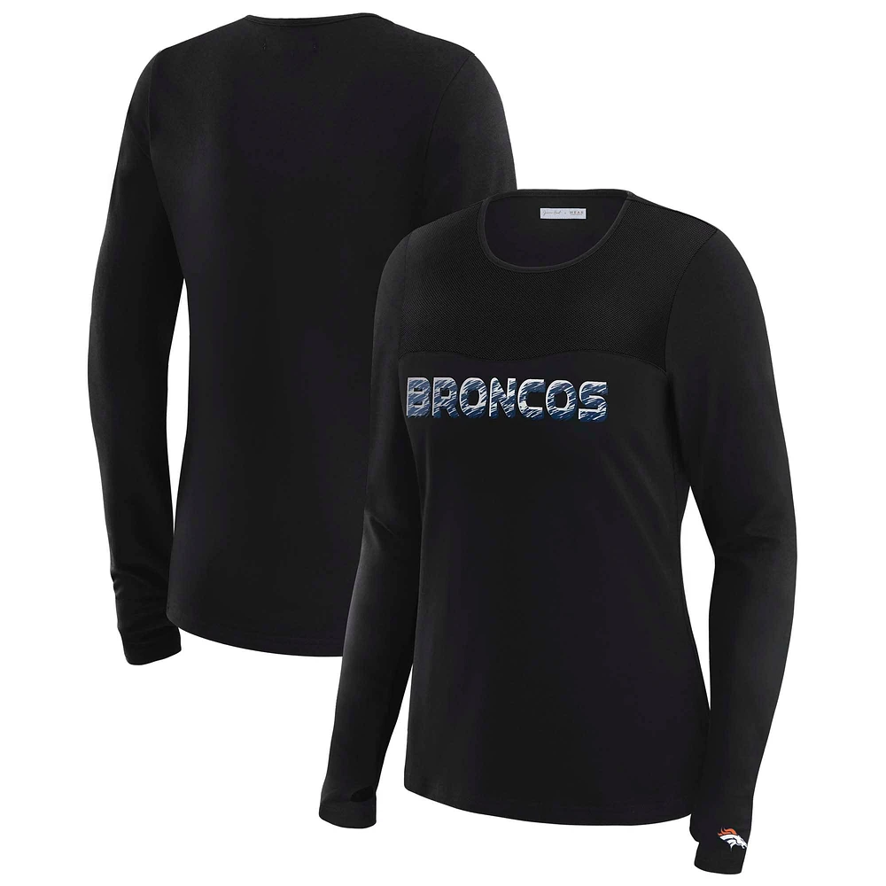 T-shirt à manches longues et empiècement en maille noire Denver Broncos WEAR by Erin Andrews x Gracie Hunt pour femme